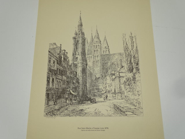 Gravure: Rue Saint Martin a Tournai, Ernest George, Kathedraal, 1878