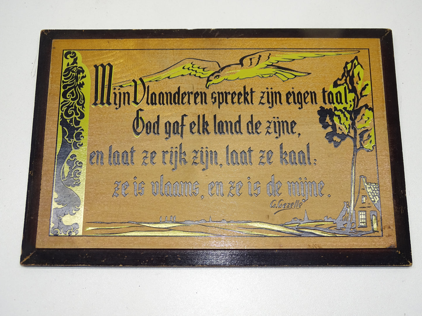 Houten Wandplaat: Vers Guido Gezelle, Mijn Vlaanderen..., 1959