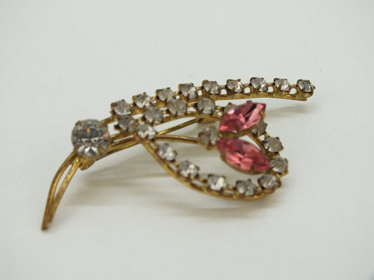 Broche: Jaren '50, Roze en Heldere Strass Steentjes