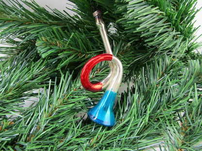 Antieke Glazen Kerstbal: Trompet (1), Blauw, Zilver, Rood