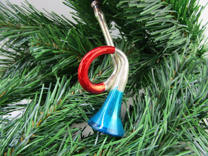 Antieke Glazen Kerstbal: Trompet (1), Blauw, Zilver, Rood