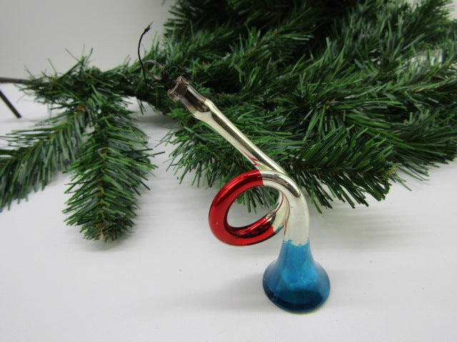 Antieke Glazen Kerstbal: Trompet (1), Blauw, Zilver, Rood