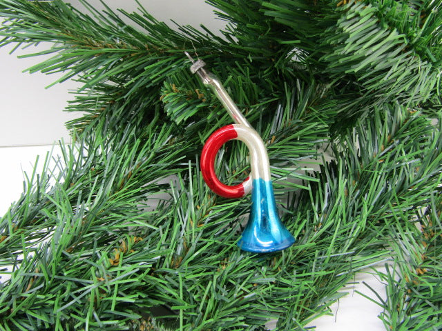 Antieke Glazen Kerstbal: Trompet (2), Blauw, Zilver, Rood