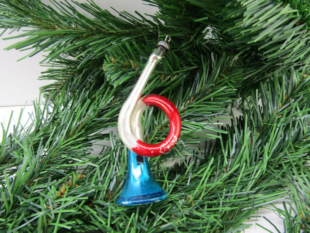 Antieke Glazen Kerstbal: Trompet (2), Blauw, Zilver, Rood