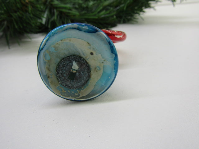 Antieke Glazen Kerstbal: Trompet (2), Blauw, Zilver, Rood