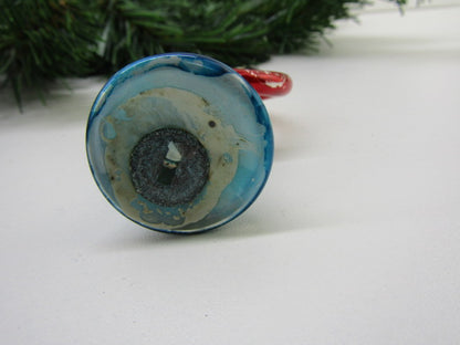 Antieke Glazen Kerstbal: Trompet (2), Blauw, Zilver, Rood