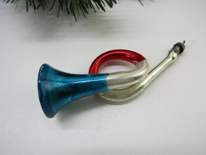 Antieke Glazen Kerstbal: Trompet (2), Blauw, Zilver, Rood