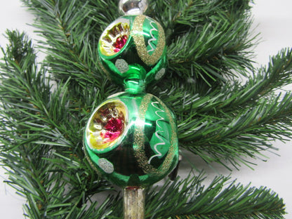 Glazen Kerstpiek: 2 Reflector Ballen, Groen, Rood, Zilverkleur