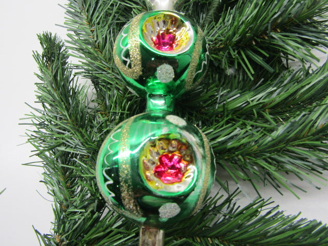 Glazen Kerstpiek: 2 Reflector Ballen, Groen, Rood, Zilverkleur